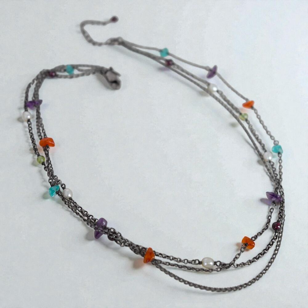 Silpada N1613 Sterling Silver Three Strand Gemstone Necklace Retired Oxidized